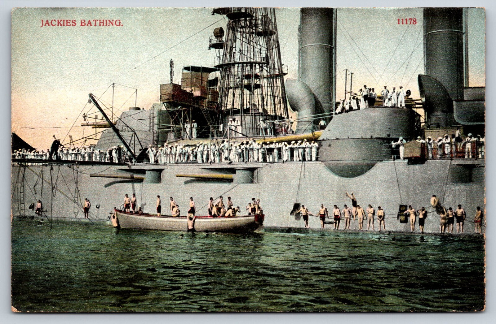 Jackies Bathing US Navy Sailors Swimming Off Side Of Ship Postcard