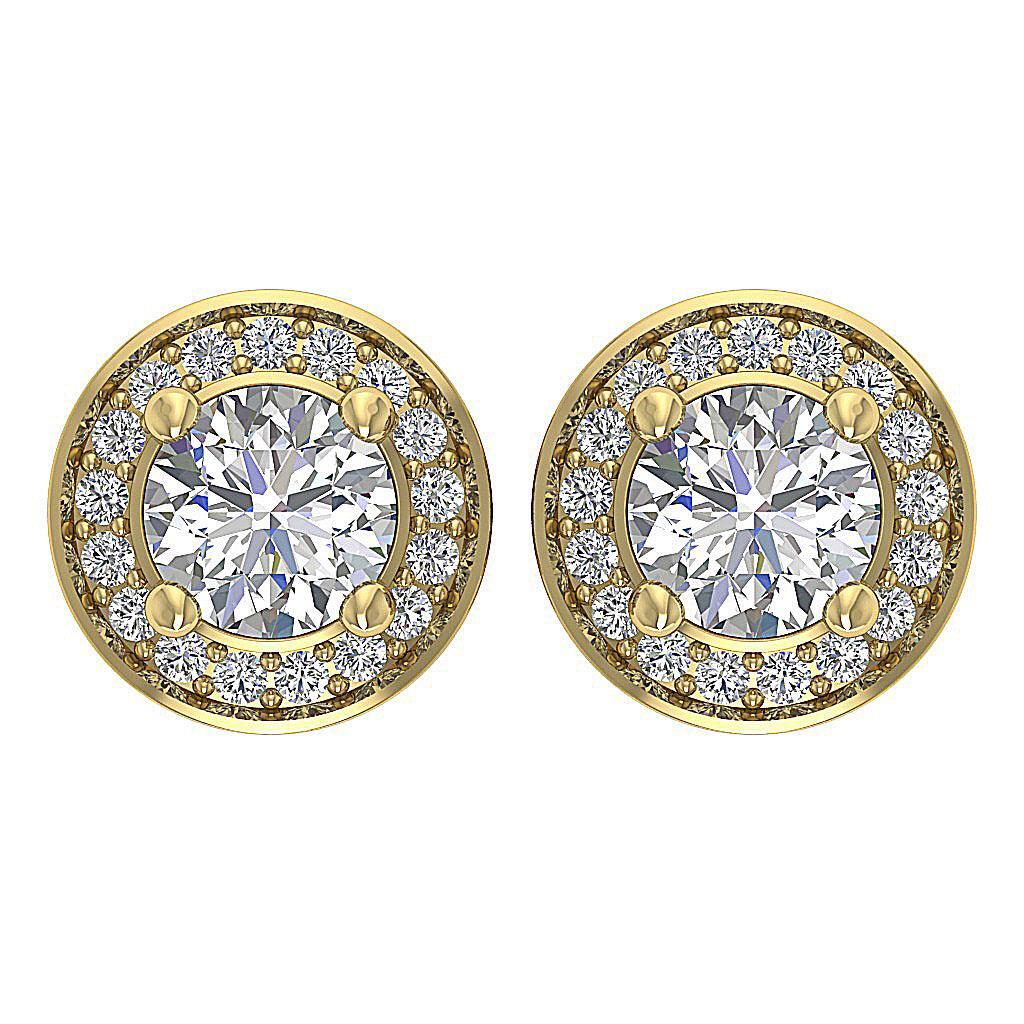 Halo Solitaire Stud Earring VS F 1.30 Ct Lab Grown Round Diamond 14K Yellow Gold