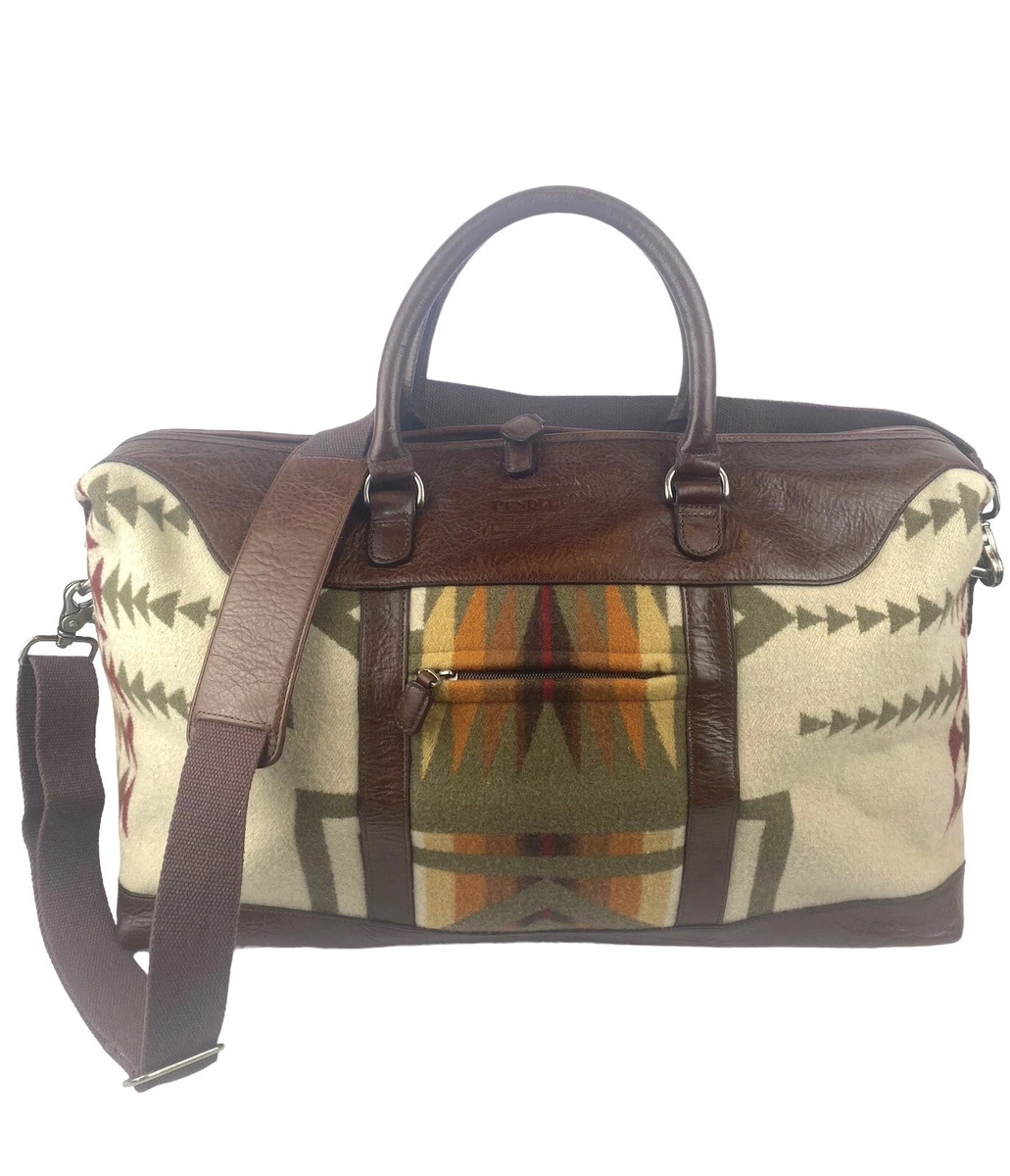 Pendleton Southwestern Aztec Wool Saddle Blanket Leather Weekender Duffle Bag
