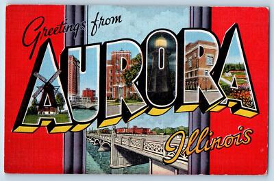 c1940's Greetings From Aurora Bridge River Illinois IL Correspondence Postcard