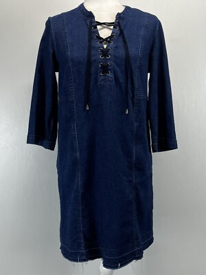 J. Jill Denim Dress Small Petite VGUC RAW Hem Lace Up Front 3/4 Sleeves  Stretch | eBay