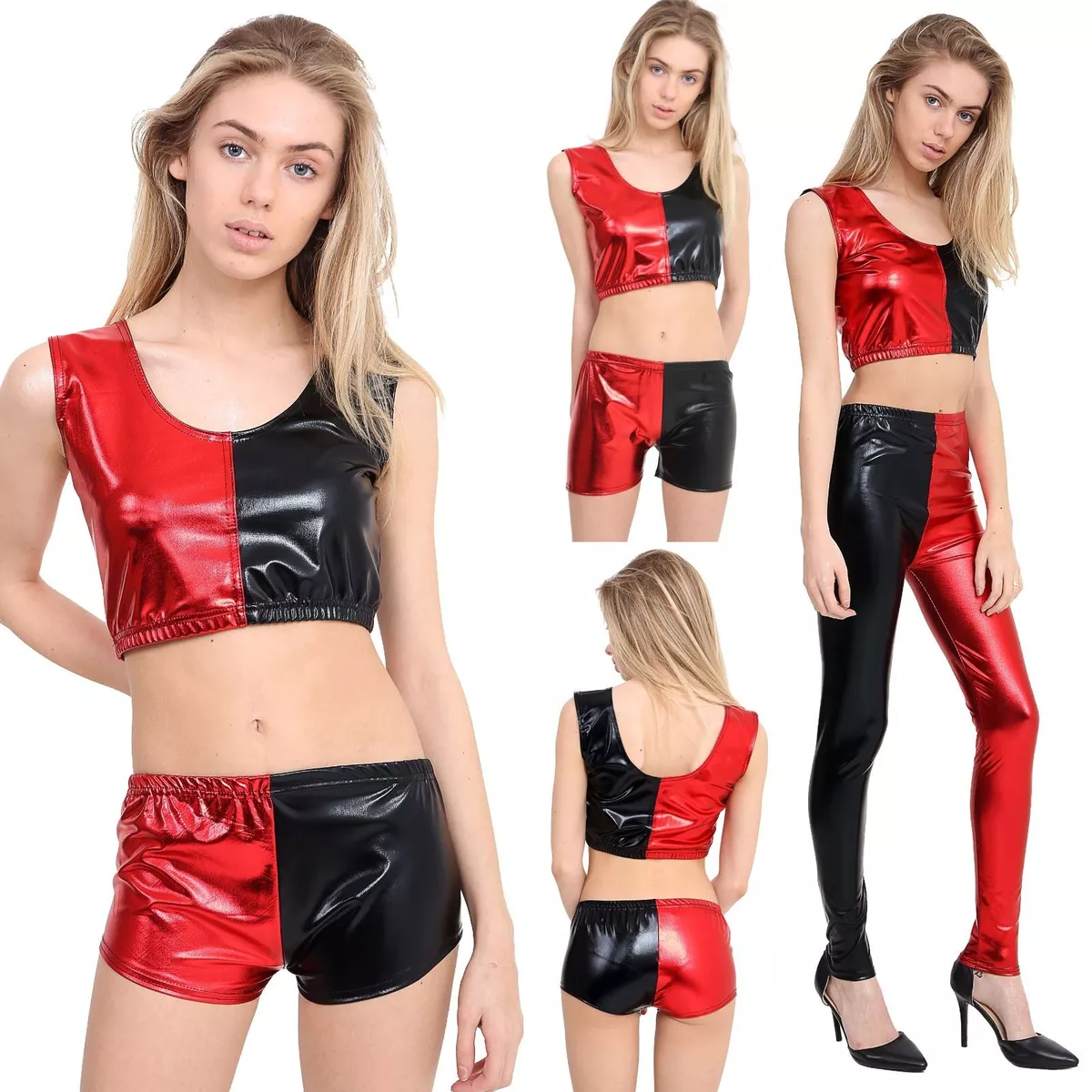 Cosplay Halloween Costume Ladies Red Black Shiny Suicide Squad Party Outfit