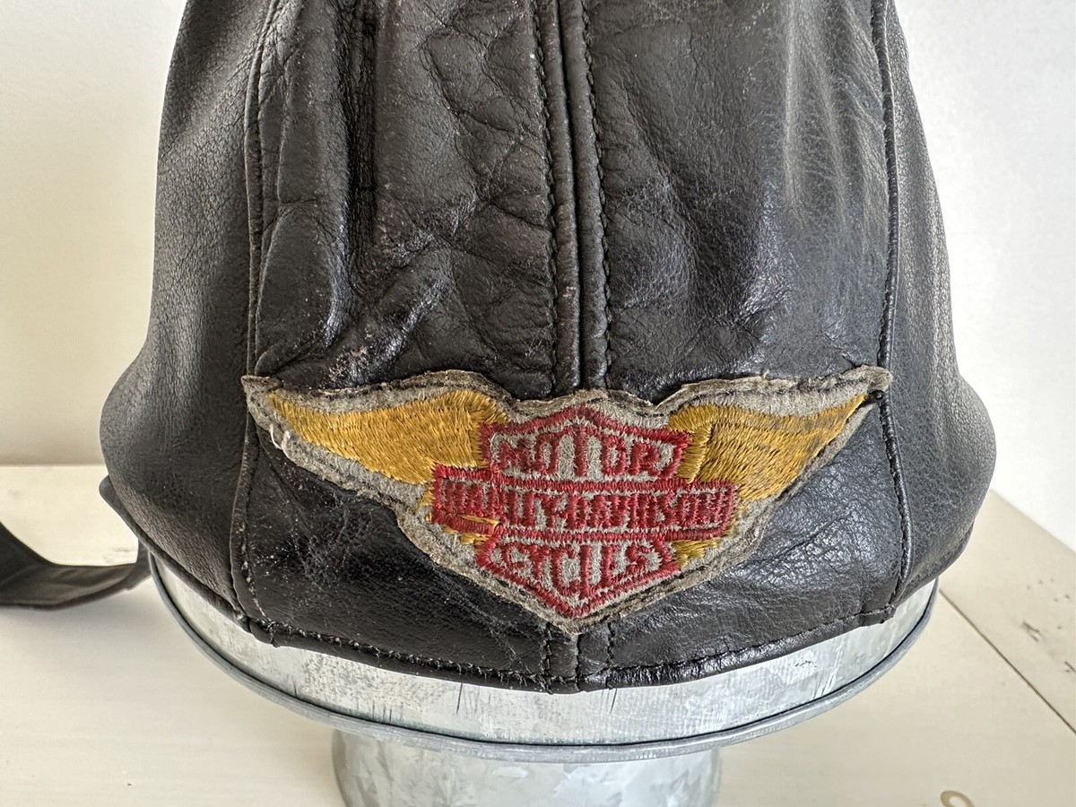 帽子 M HARLEY DAVIDSON 70s Leather Casket Vintage Harley Davidson Leather Biker Hat with Pins 70s/80s