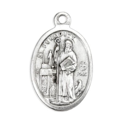 Medalla De San Benito St Saint Benedict - Oxidized Silver Tone 1'' Oval Medal 
