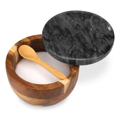 Wooden Salt Cellar Box with Marble Lid & Spoon, Modern Black Stone Salt or Pe...