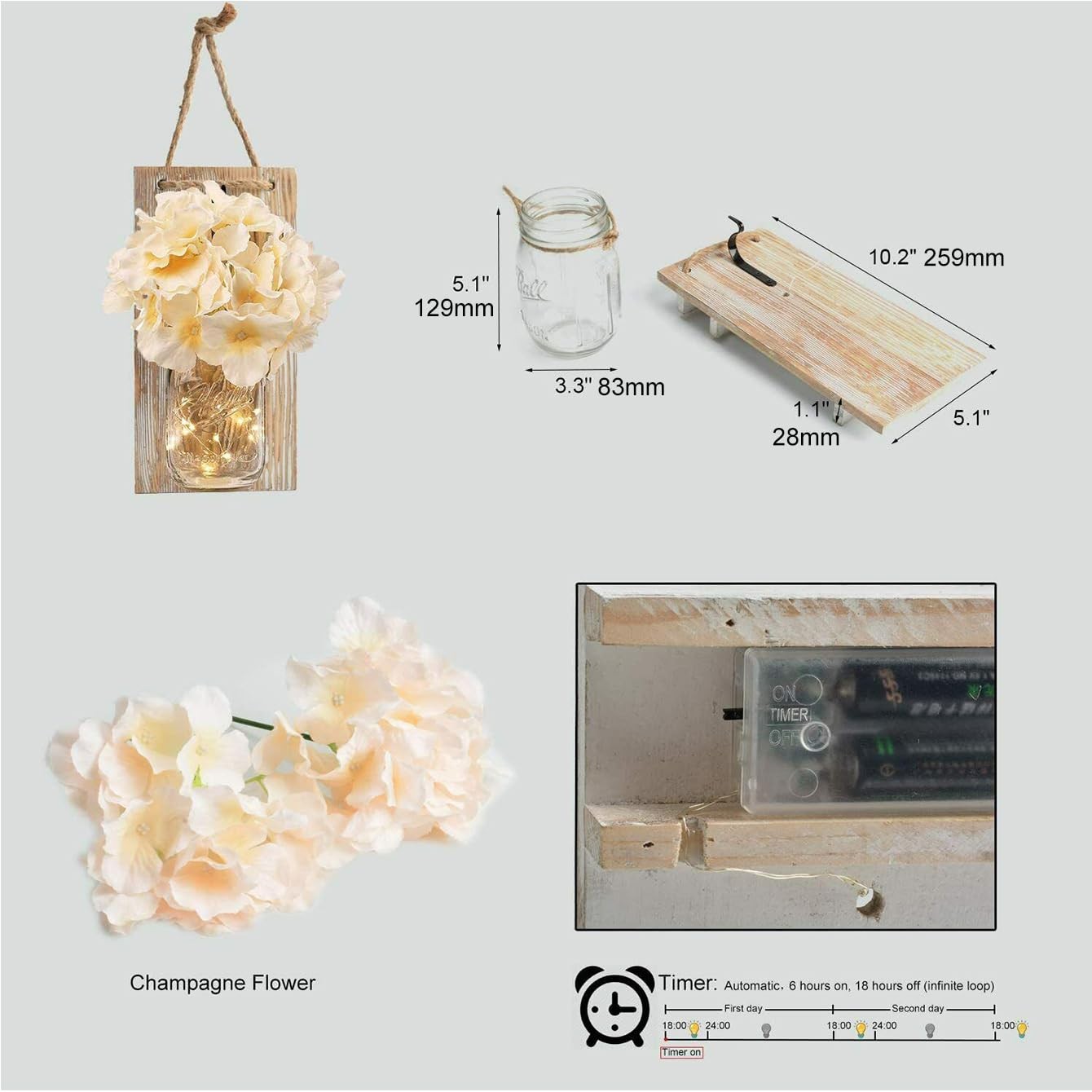 Rustic Mason Jar Wall Decor Sconces with LED Fairy Lights -Battery Cordless W...