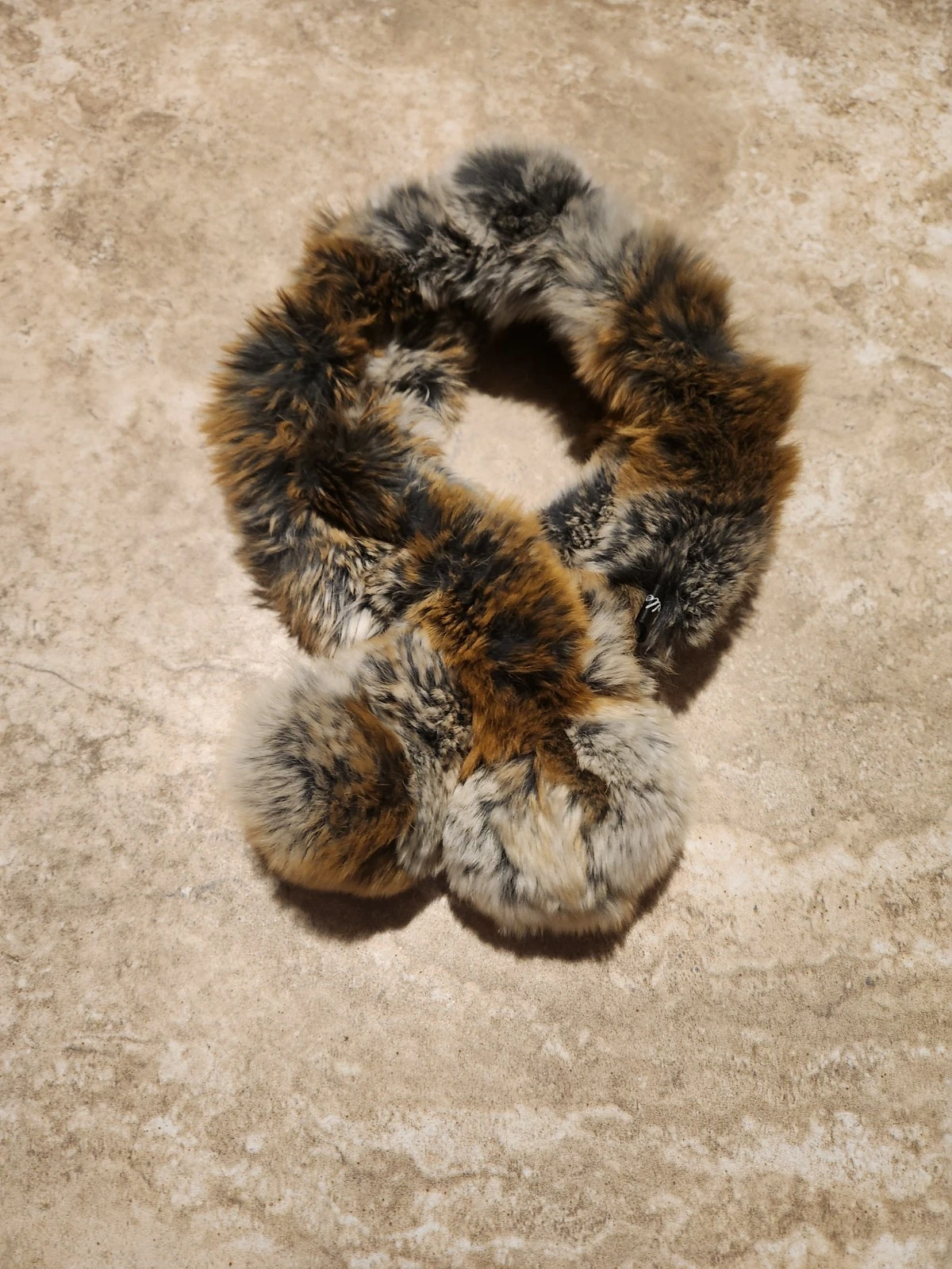 Vtg Rabbit Fur Pom Pom Brown Gray Tan Neck Warmer Scarf 4x26 Adjustable