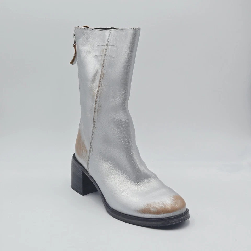 Scarpe Donna Moma Tg 37 Stivaletti Agnes Argento Pelle Effetto Ruined 60CN - Immagine 2 di 4