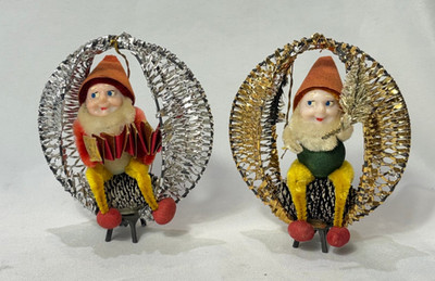 Vtg Pinecone Pixie Elf Ornaments Gold & Silver Tone Metal Mesh Wreath