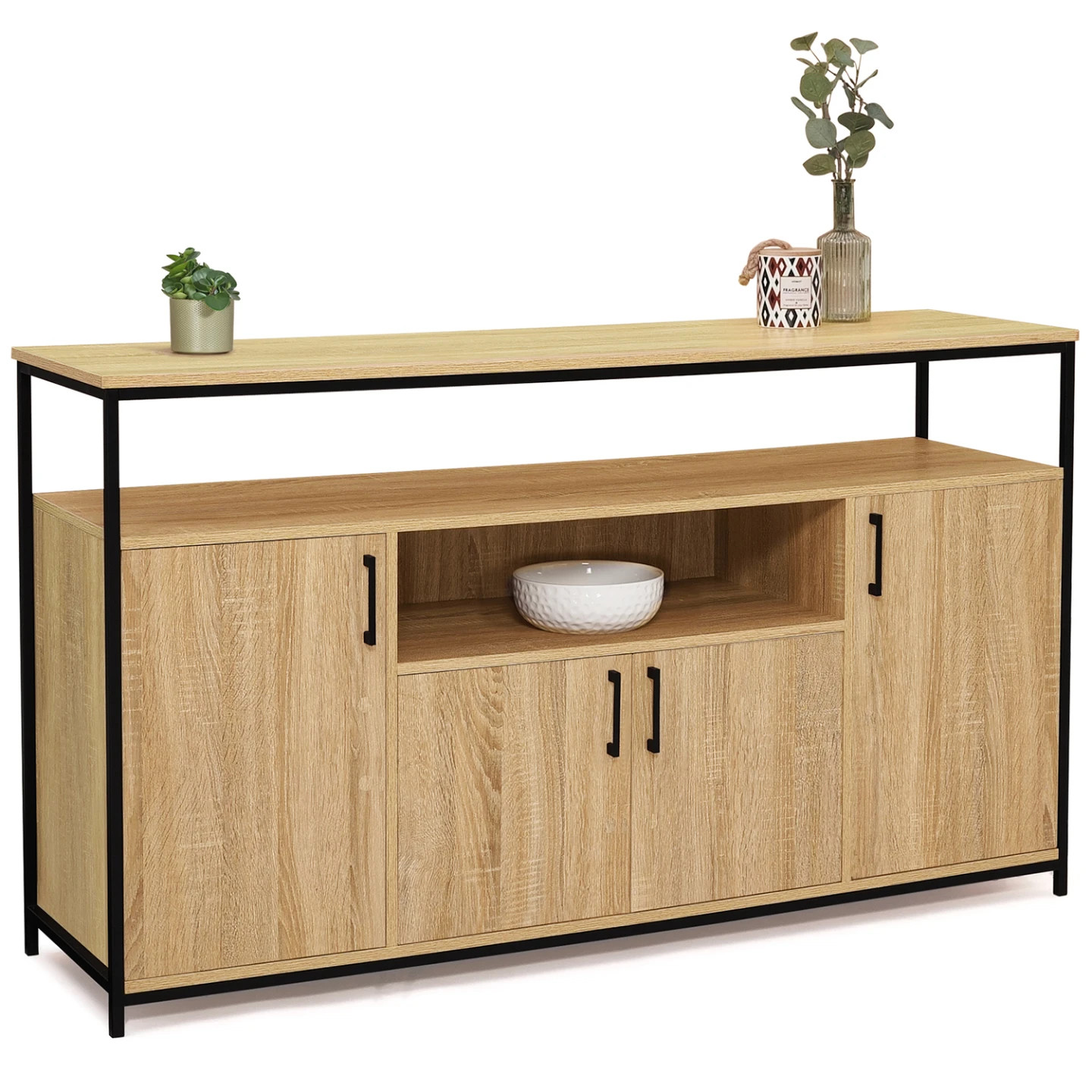 Buffet industriel 140 cm bois et métal DETROIT meuble de rangement 4 portes et niche ouverte