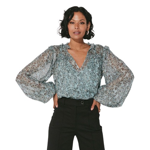 Cleobella Loretta Blouse Iris Floral Gold Lurex Ruffle Blue Green Boho Top M