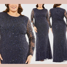 NEW MAC DUGGAL [ 24 ] 93881 Long Sleeve Mesh Embellished Gown Blue J2013