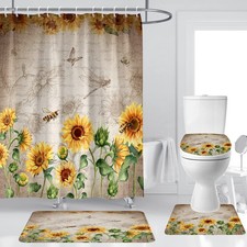 Sunflower Shower Curtain Set 4 Pcs Rustic Bathroom Decor with Rugs Farmhouse ...