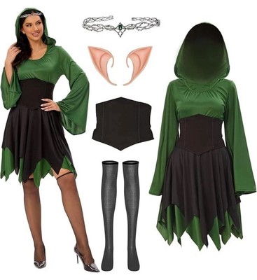 Funnlot Renaissance Medieval Fairy Elf Costume with Dress, Elf Ears and Crown