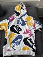 Nike Fleece Hoodie Mens sz M Multicolor Swoosh Logo All Over Print Pullover