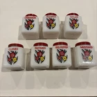 Vintage Milk Glass Floral Spice Jar Set Red Lids Cinnamon Cloves Nutmeg Lot Of 7