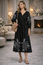 LEA NWOT Midi Dress MEDIUM Black LINEN Blend Floral Embroidered Tie Belt Tassels