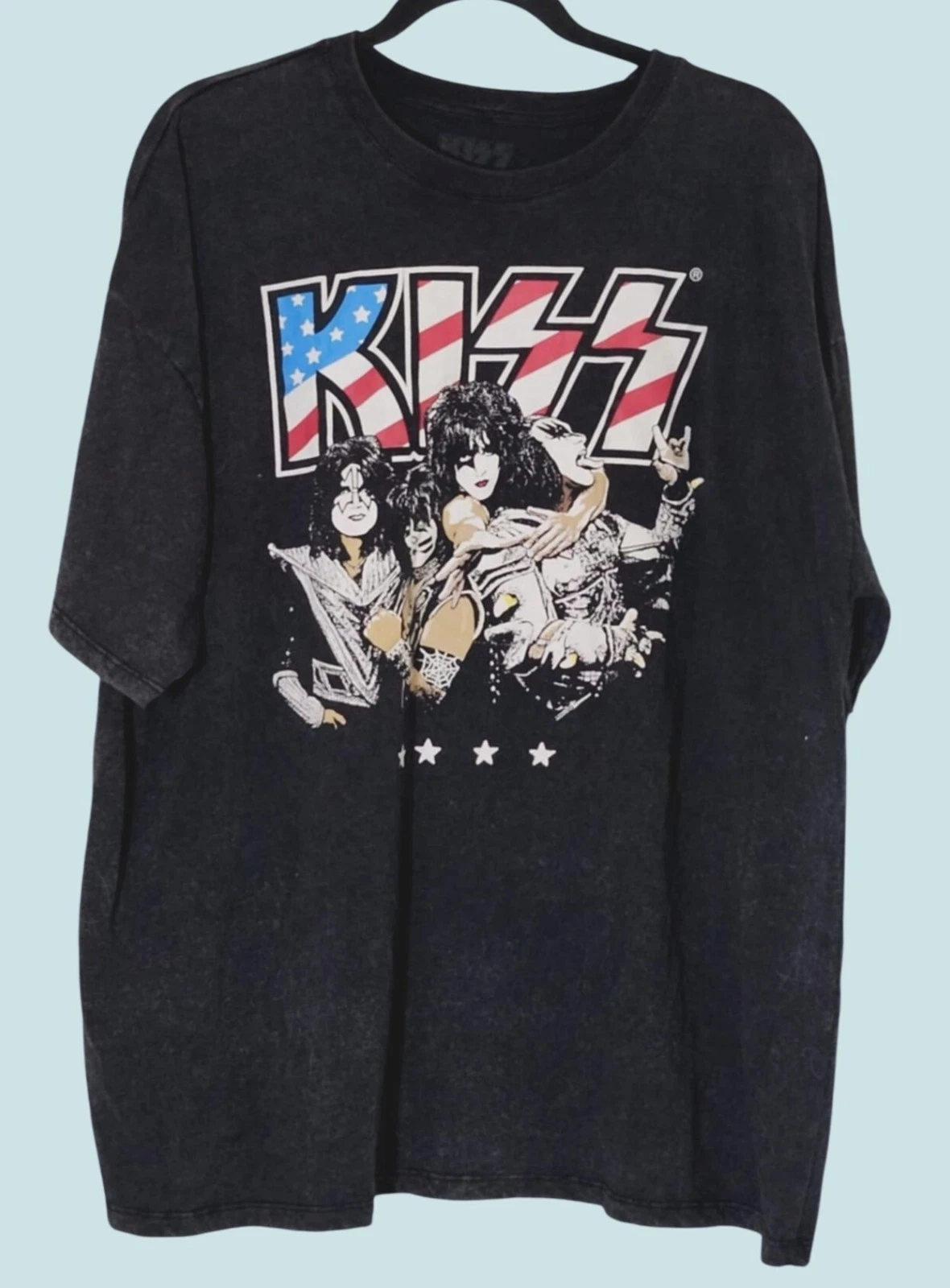 Kiss Band Graphic Tee Black Acid Wash Unisex T-Shirt Size L Licensed Rock Merch