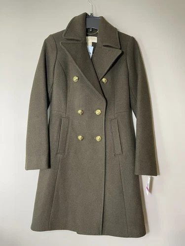 Cappotto Michael Kors Mk verde militare misto lana doppiopetto colletto tg XXS