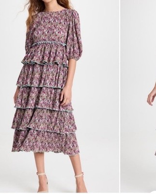 English Factory Dress Women s XS Floral Tiered Scallop Sleeve Cottagecore Easter