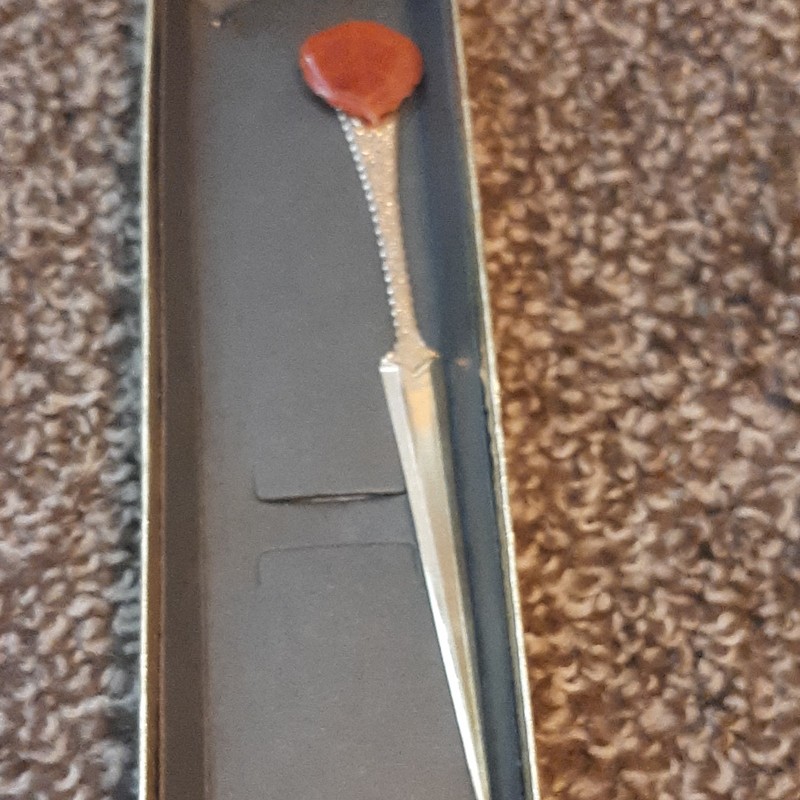 Collectible Metal Letter Opener with Red Handle and Decorative Top in Gift Box