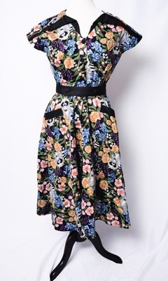 UNIQUE VINTAGE BLACK RACCOON PRINT COTTON HEDDA SWING DRESS   NEW   SZ M