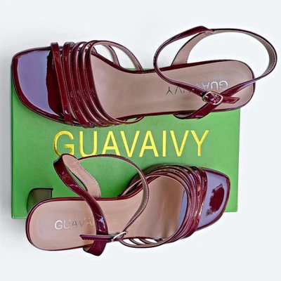 Guavaivy Burgundy Patent Platform Sandals Ankle Strap Square Toe Heels 8.5 Shoes - Image 1 of 4