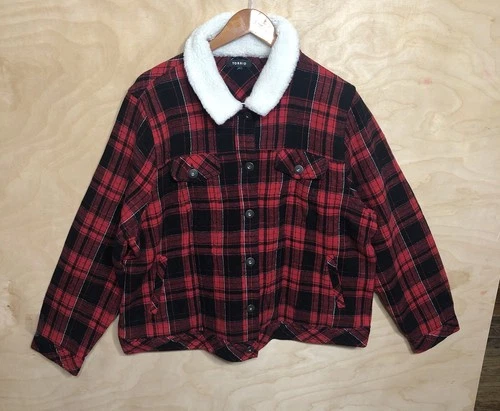 Torrid Plaid Jacket Red Black Sherpa Collar Pockets Cotton Outwear Unisex Sz M. - product listing photo