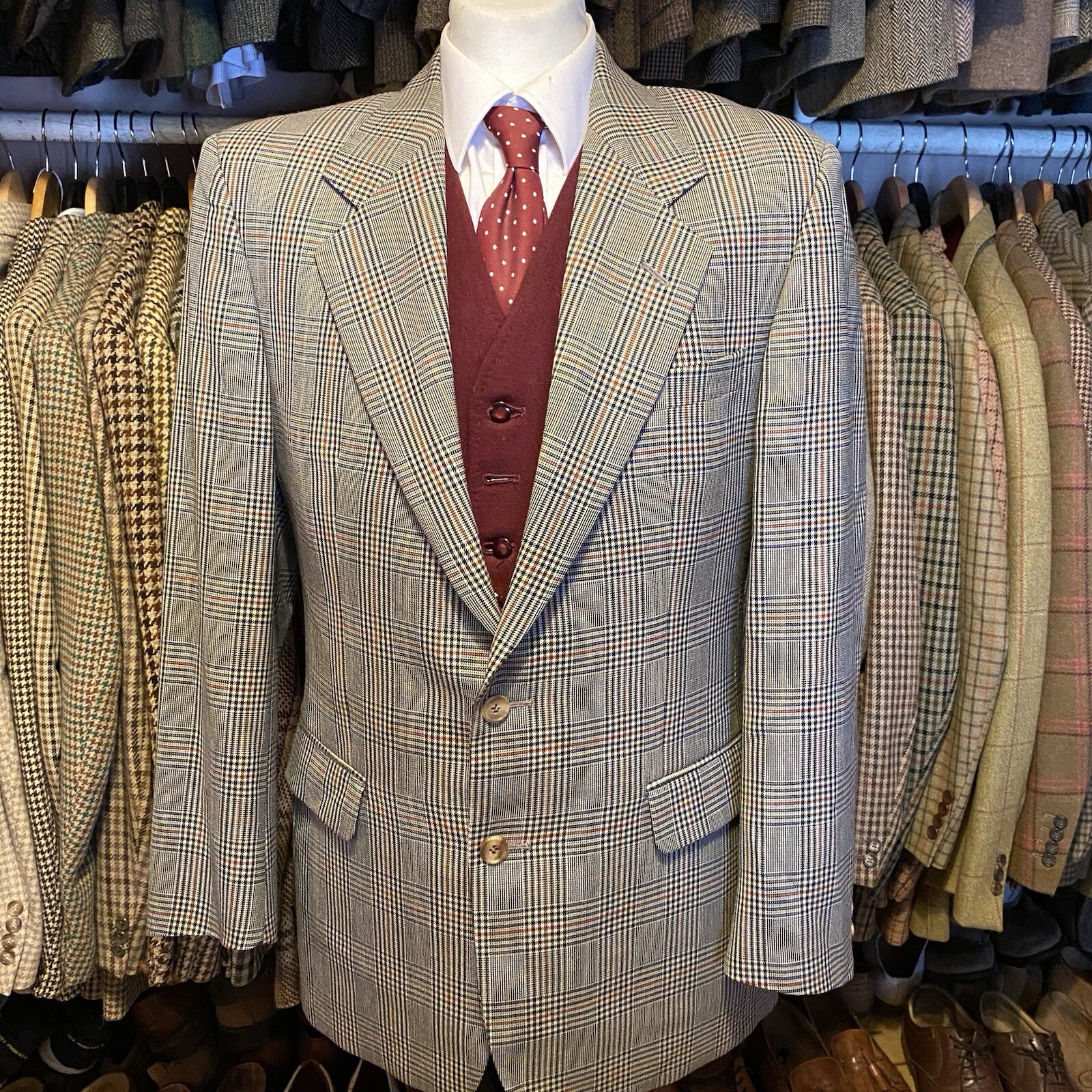 Vintage Mens 40R DAKS Check Light Summer Tweed POW Suit Jacket Blazer Grey Plaid image 2