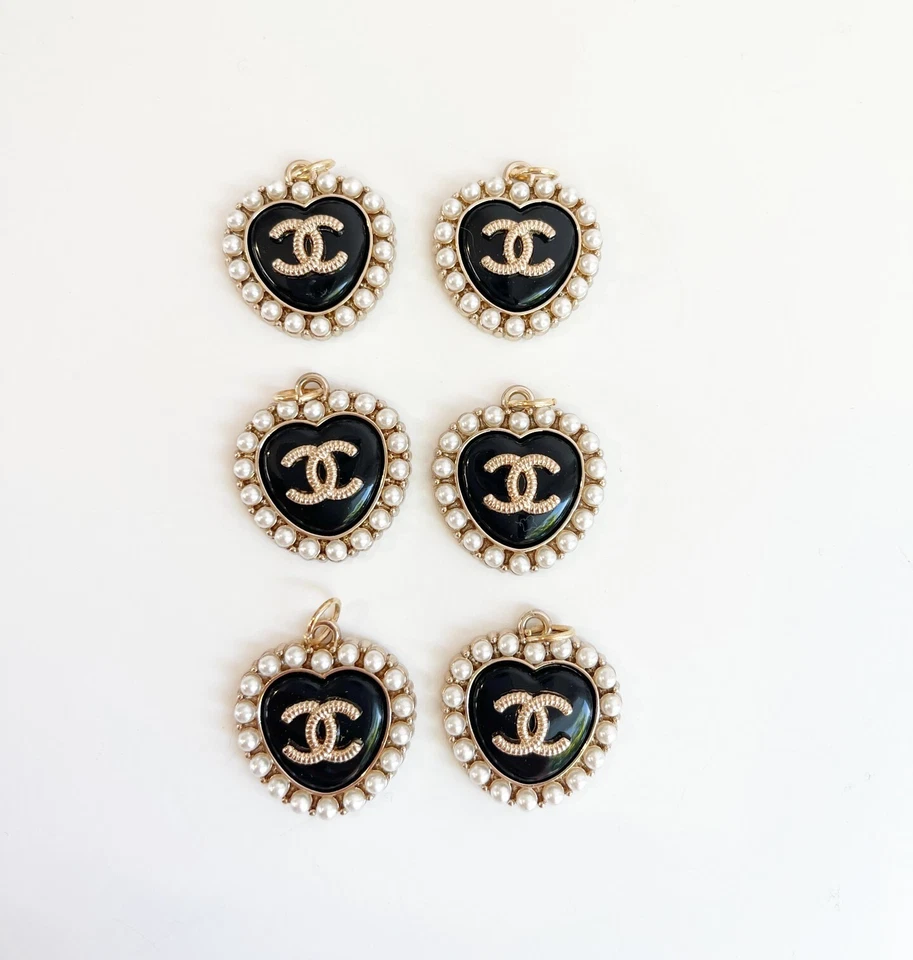Vintage CC Designer Black Heart Pearl Pendant Charm STAMPED | 6 PC BundleC - Image 2 of 3