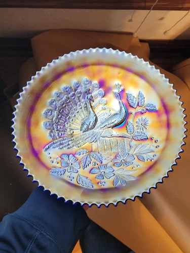 Nice Blue Northwood Carnival Glass Peacocks on the Fence Plate