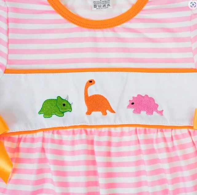 NUEVO Mono Mameluco Boutique Bebé Niñas Dinosaurio Rosa Rayas Manga Larga Foto 3 de 4