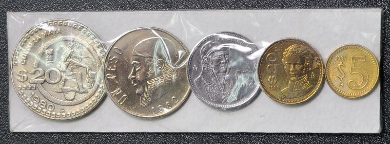 Mexico 5-Coin Uncirculated Type Set $1 $5 $20 Pesos Mixed Years 1980-1987