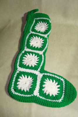 Vintage Granny Square Crochet Christmas Stocking 17  White & Green Handmade
