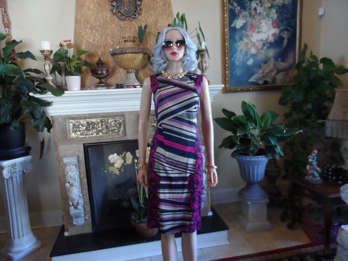 Versace Collection Fuscia Multi Color Rose/Striped Print Sheath Dress Size  M | eBay