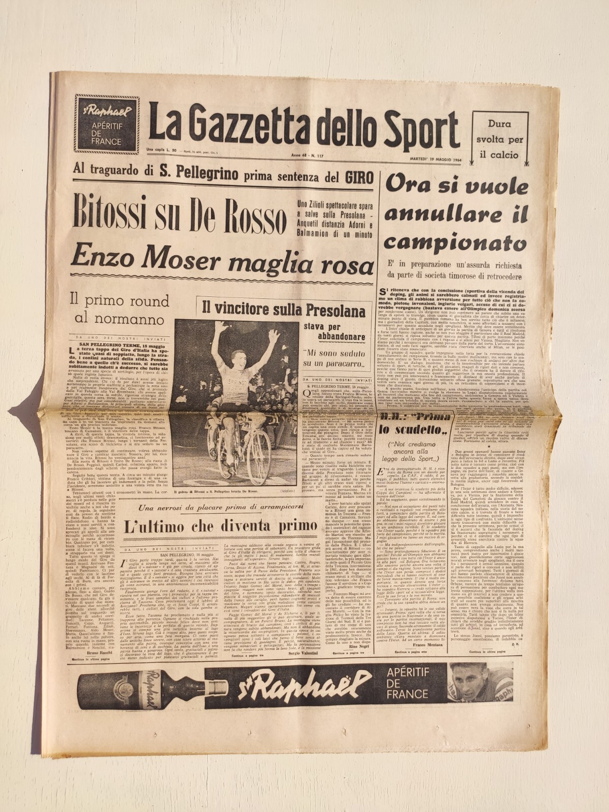 GAZETTA DELLO SPORT 19 MAY 1964 BITOSSI ENZO MOSER - CAMPARI ADVERTISING