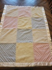 First Impressions Baby Blue Yellow Pink Chenille Velour Satin Trim Crib Blanket