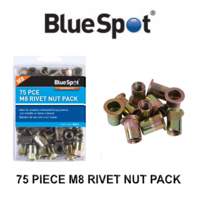 BlueSpot 75 Stück M8 Nietmutternpaket Kohlenstoffstahl Gewinde Befestigungsmutter Nieten 40612