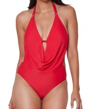 Bar III Solid Cowlneck One-Piece Swimsuit Paradise Pink looks Red Size Small