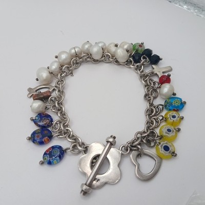 Sterling Silver Millefiori Glass Freshwater Pearl Beaded Bracelet Toggle Clasp