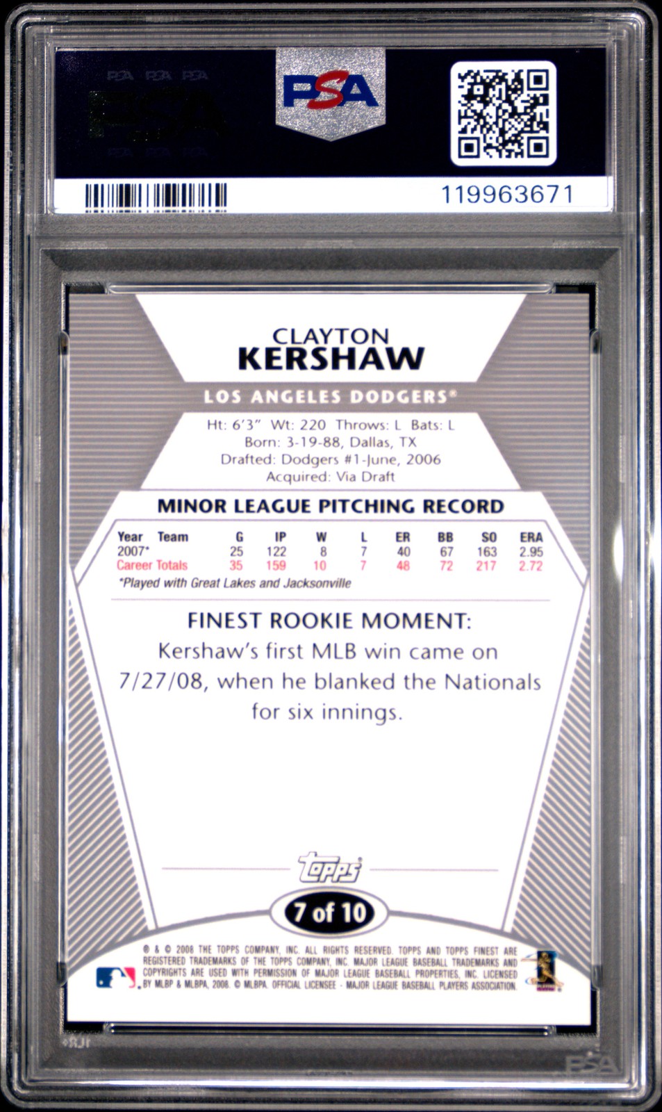 2008 FINEST ROOKIE REDEMPTION #7 CLAYTON KERSHAW PSA 9 view 2