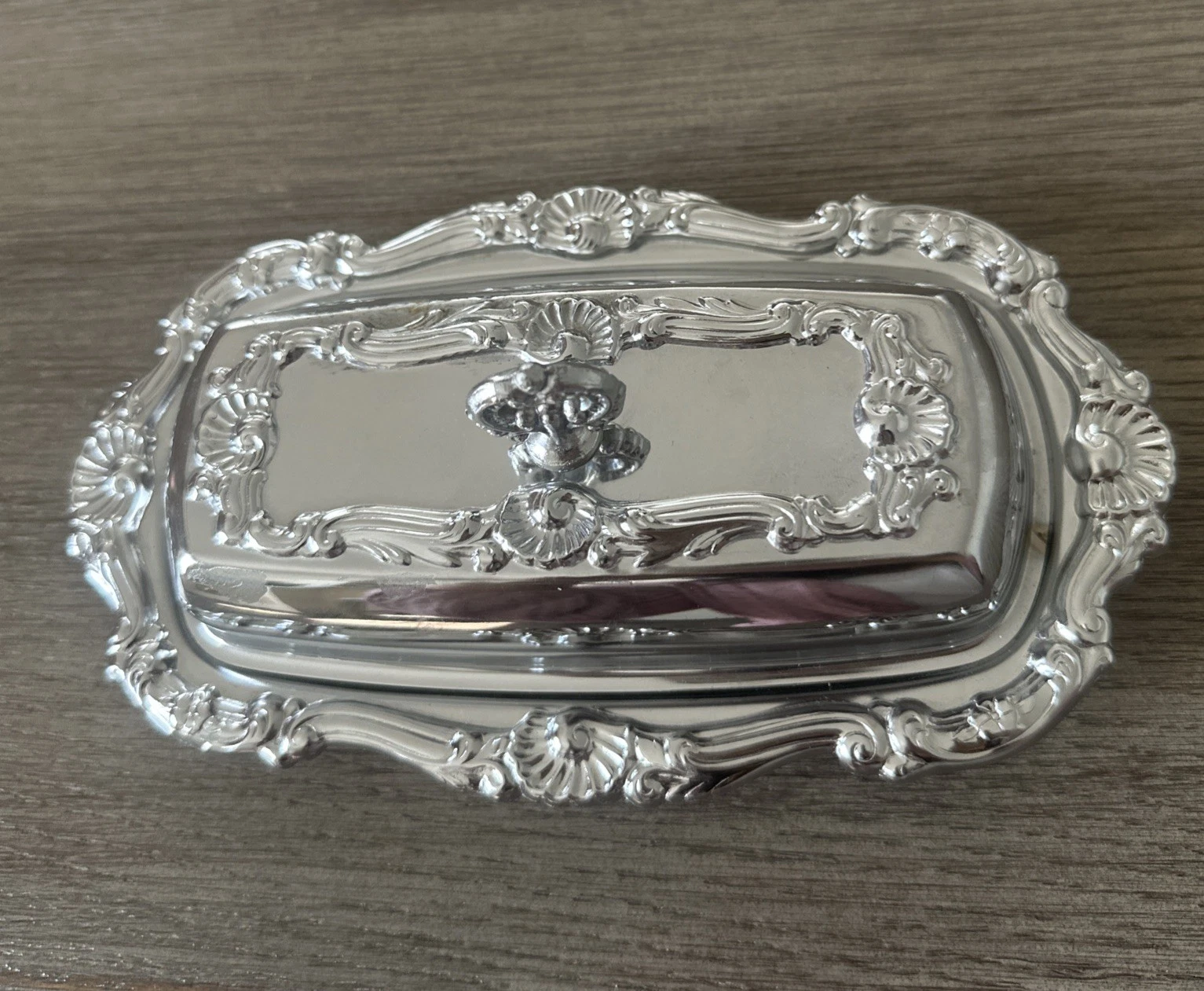 Vintage Ornate Shiney Steel Butterdish With Lid Floral Edge design Chrome Handle