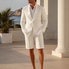 Men s White Floral Embossed Blazer Shorts Set Mixed Size Formal Party Suit