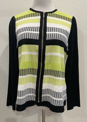 Ming Wang Jacket Women's Small Acrylic Green Black Long Sleeve Stripe Full Zip