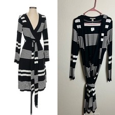 Banana Republic Sz S Black White Striped Long Sleeve Wrap Dress Stretchy Knit