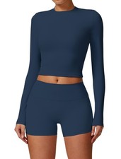 Womens Workout Sets Two Piece Long Sleeve Crop Top Matching Tummy Control Hig...