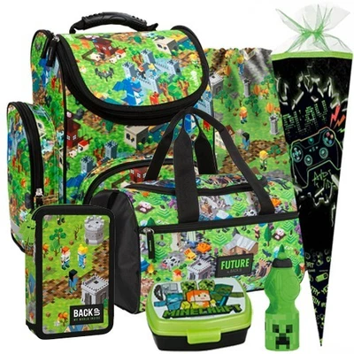 DERFORM Game Pixel Minecraft Schulranzen Ranzen Schulrucksack Set Schultüte Sporttasche