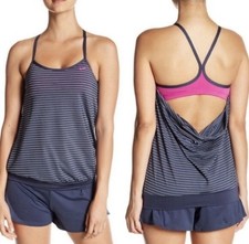 Nike Women  s Striped Tankini Swim Top Built-In Bra Racerback Pink Gray Size L