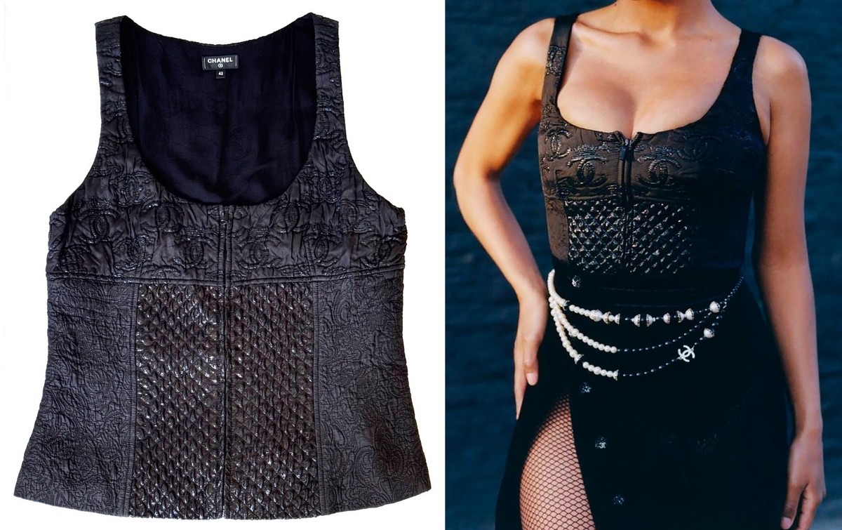 21A CHANEL BLACK METALLIC CC LOGO BUSTIER JACQUARD QUILTED TOP 42 21A CHANEL BLACK METALLIC CC LOGO BUSTIER JACQUARD QUILTED TOP 42