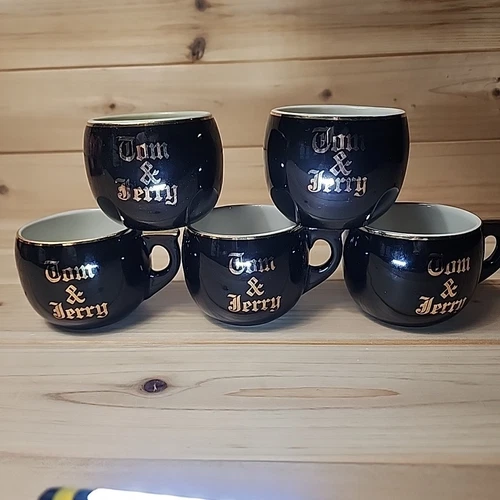 Vintage Set/5 Hall Tom & Jerry Black / Gold Trimmed Punch Cups Mugs, Made in USA